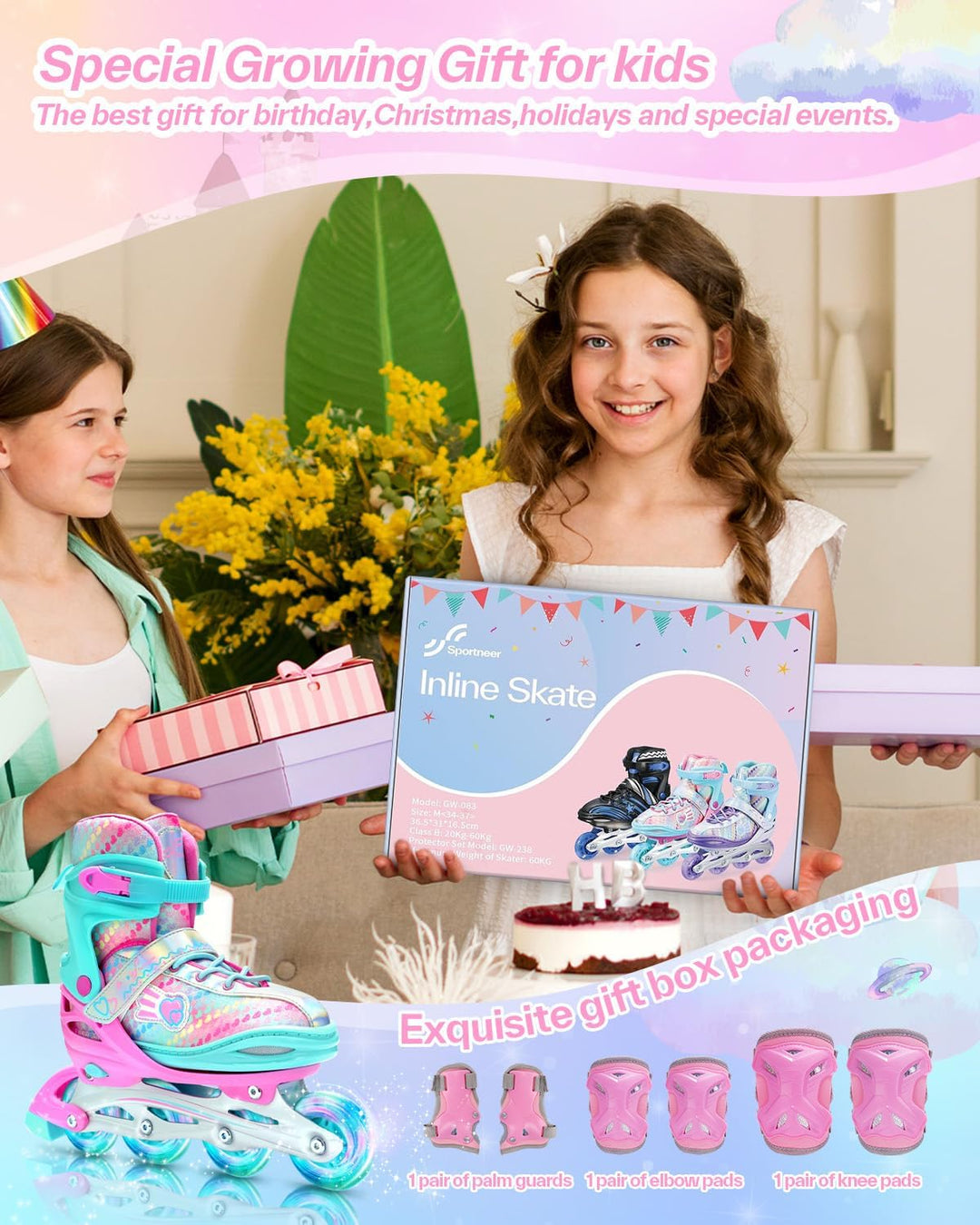 Inliner für Kinder 34-41 Verstellbar, Sportneer Inline Skates Mit 6er Protektoren Setfür Kinder Mädc