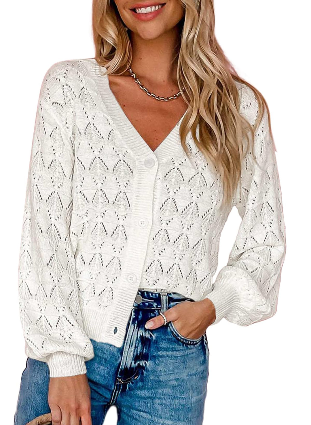 Dokotoo Damen Strickjacke V-Ausschnitt Kurzer Cardigan Elegant Langarm Leichter Strickpullover mit K