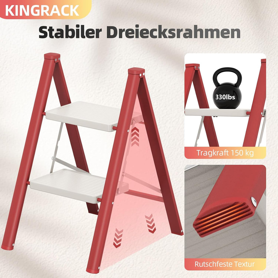 KINGRACK Trittleiter 2 Stufen Klappbar, Tritthocker Leicht Platzsparend | Klapptritt mit Rutschfeste
