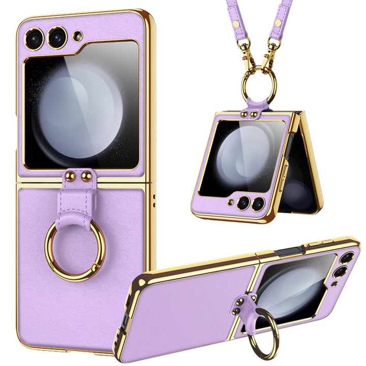 Miimall Lederhülle Kompatibel mit Samsung Galaxy Z Flip 6/Flip7 FE Hülle mit Band+Ring Ständer [HD D