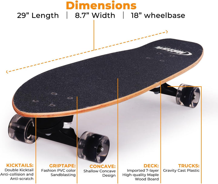 Nattork Complete Skateboards 29" x 8" Kids Skateboard Cruiser Skateboards for Beginners Double Kick