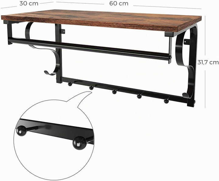 VASAGLE Wandgarderobe Industrial, mit Regal, 5 Haken, Kleiderstange, für Flur, Badezimmer, Wohnzimme