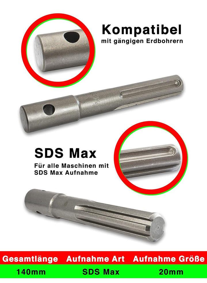 WERHE® Profi Bohrer, Erdbohrer für bohrmaschine 150 mm robust mit SDS Max Adapter - Pfahlbohrer Brun
