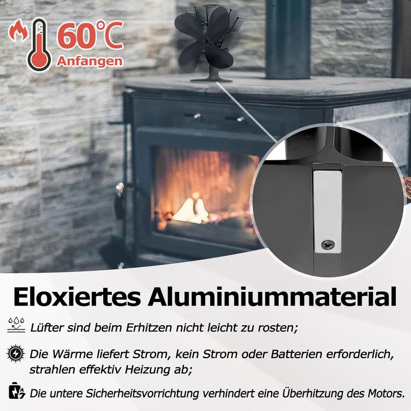 Aufun 4-Blade Kaminventilator, Stromloser Ventilator für Kamin Holzöfen Öfen, Geräuscharmer Betrieb,