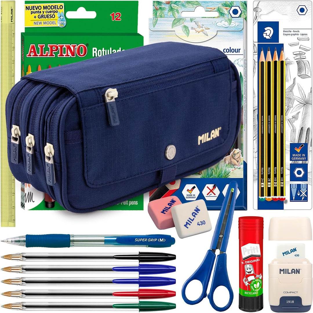 PracticDomus ColePack - Set aus Dreifach-Schulmappe mit 3 Reissverschlüssen und Schulbedarf der Top-