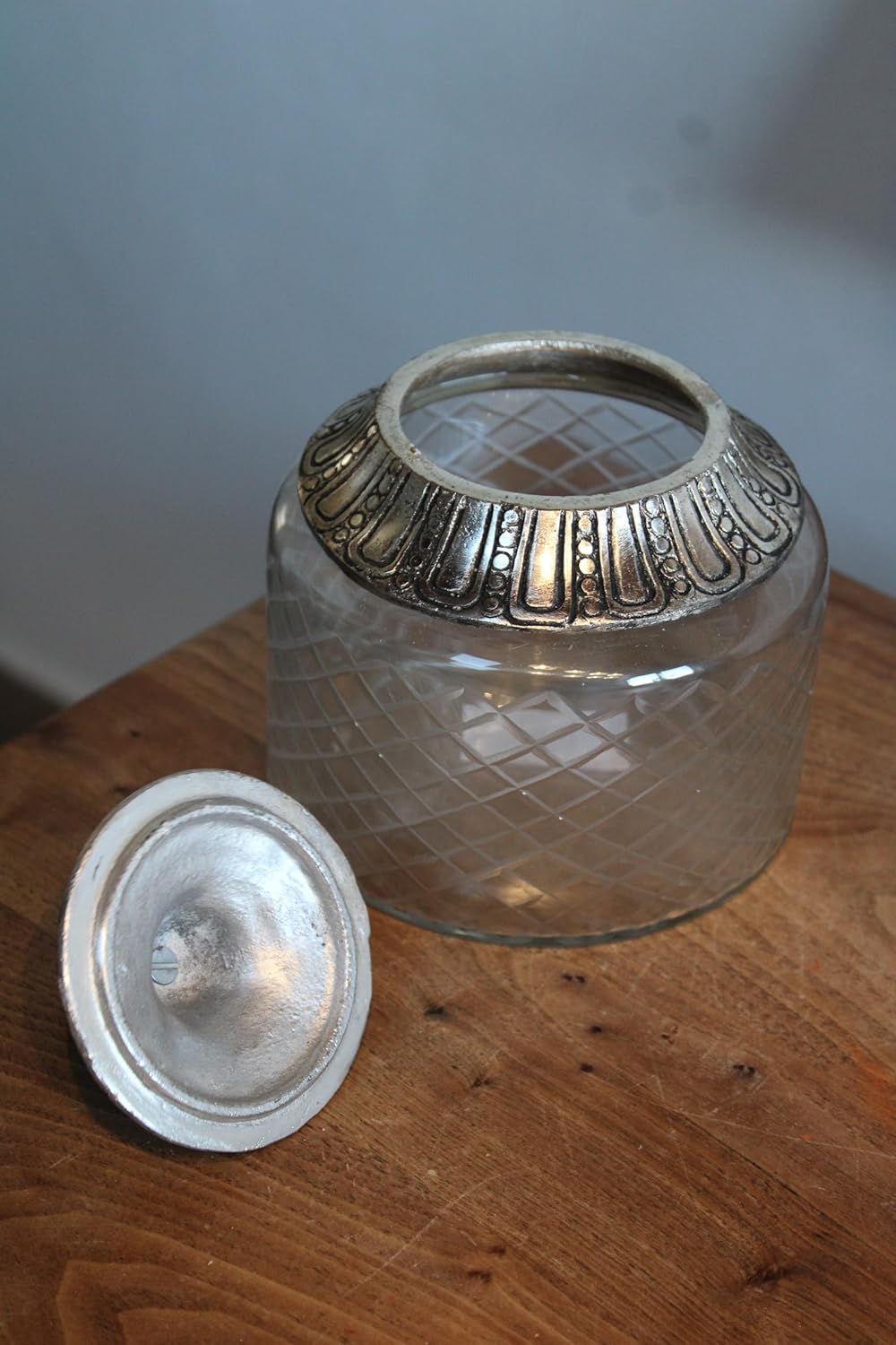 EXNER Vintage Glas-Bonboniere mit Silberfarbigem Metalldeckel, Diamantmuster, 12,5 cm