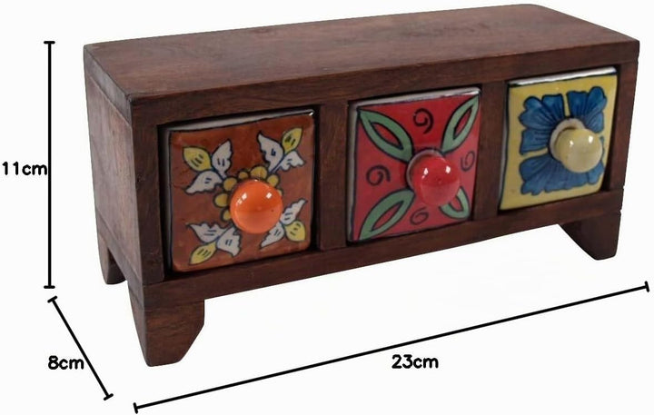 GURU SHOP Apothekerschränkchen mit Bunten Keramik Schubfächern, Gewürzkiste - 3 Fächer Modell 2, 11x