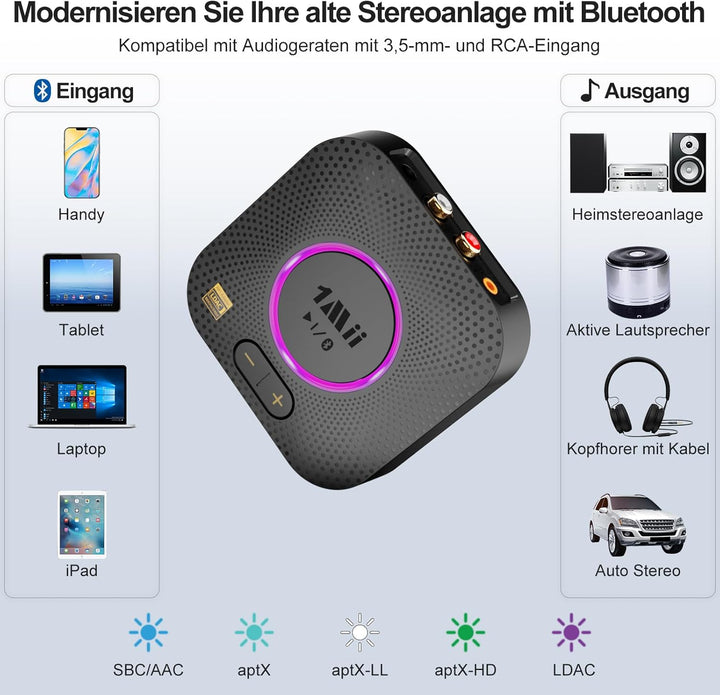 1Mii B06S+ Bluetooth 5.2 Empfänger, HiFi Wireless Audio Adapter mit LDAC, Lautstärkeregelung, aptX H