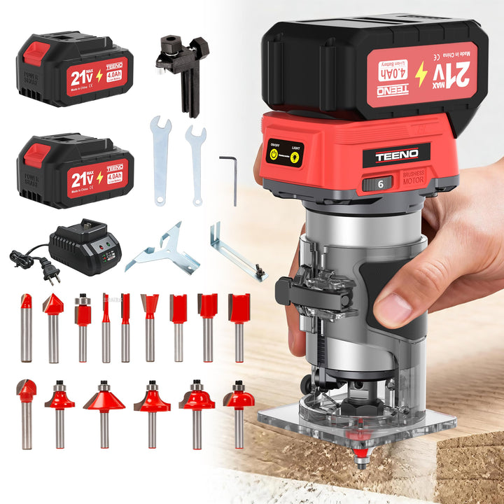 Akku-Holzhobel 20V, tragbare Mini Oberfräse mit 2 x 4,0 Ah Akkus und bürstenlosem Motor, 6 variable