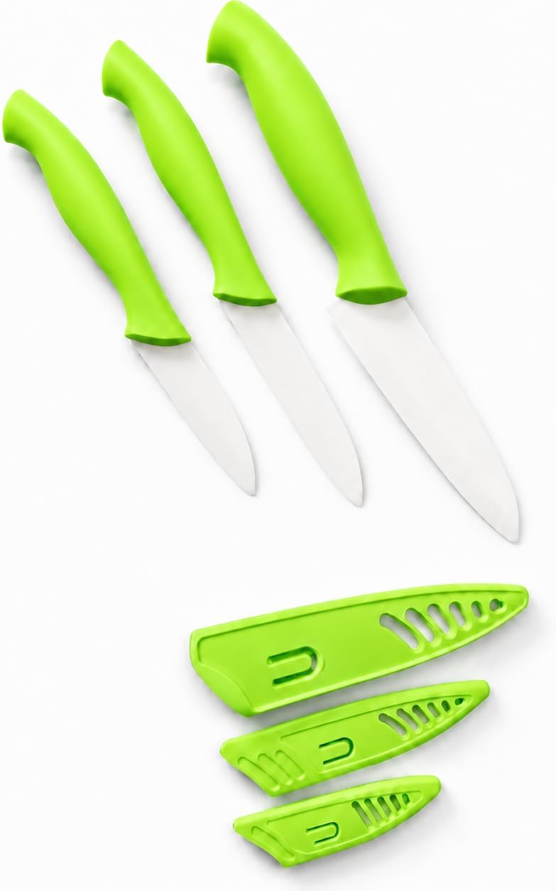 Eurotel Set mit 3 Keramikmessern in Grün – Universal 12,5 + Obst 10 + Office 8 cm – ergonomischer Gr
