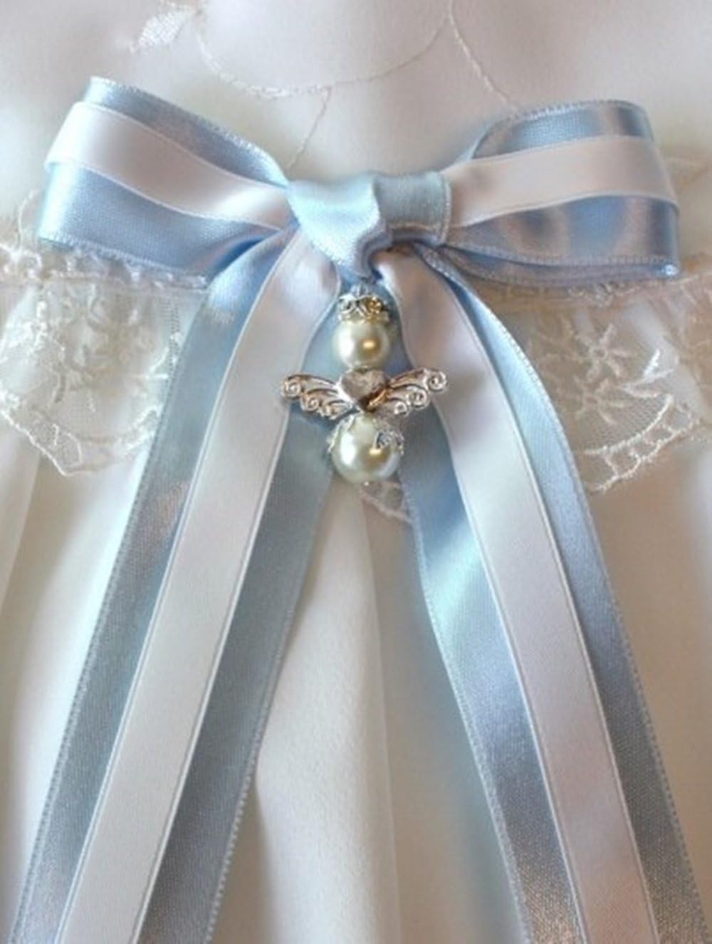 Taufschleife, zweifarbige Rosette mit Schutzengel aus Grace of Sweden (hellblau), Hellblau