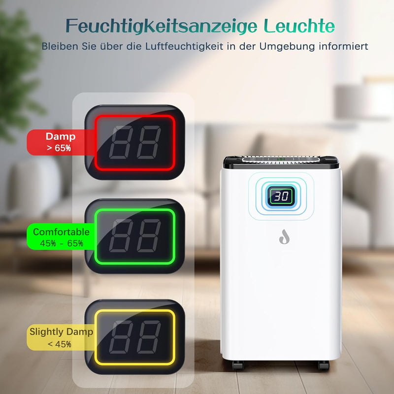 Luftentfeuchter 12L/Tag mit Digitaler Feuchtigkeitsanzeige, Automatische Entfeuchtung, 24H-Timer, Ko