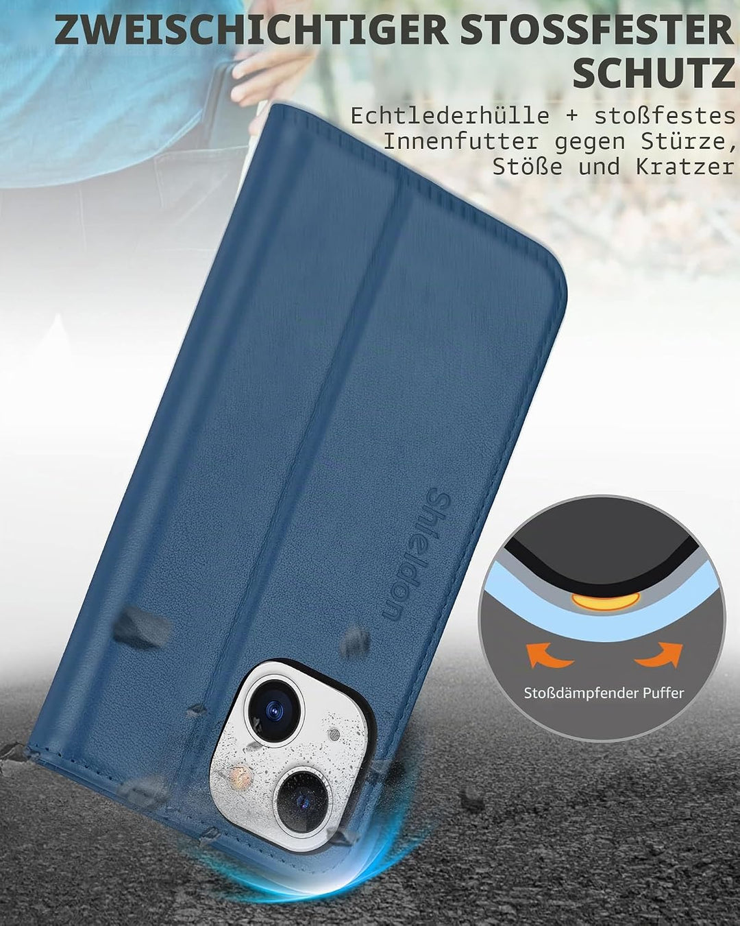 SHIELDON Hülle für iPhone 13 Mini, RFID-Sperre Handyhülle [Echtleder] [Stossfest ] [Standfunktion] [