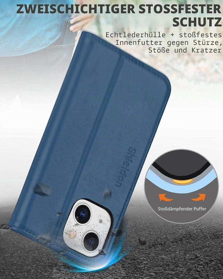SHIELDON Hülle für iPhone 13 Mini, RFID-Sperre Handyhülle [Echtleder] [Stossfest ] [Standfunktion] [