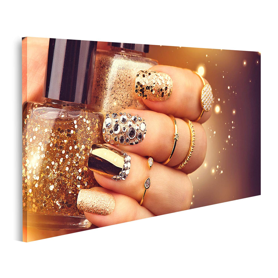 islandburner Bild auf Leinwand Goldene Maniküre Nagellack Accessoires Bilder Wandbilder Poster 100x5