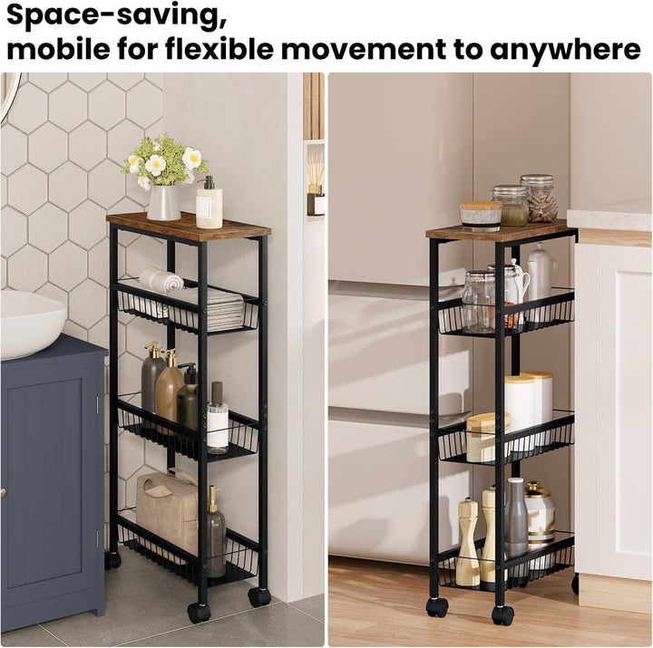 WOLTU Servierwagen, Küchenwagen mit Arbeitsplatte, 3 Metallkörben, Rollwagen mit Bremsen, Nischenreg