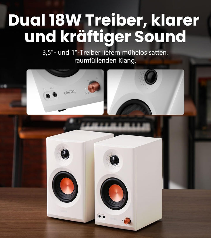 Edifier MR3 Kompakter Studio-Lautsprecher 2.0, Hi-Res Audio, Bluetooth V5.4, physikalische Steuerung