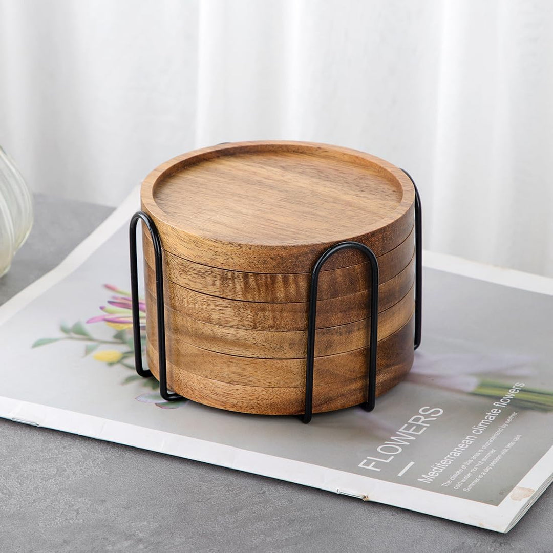 Untersetzer Gläser Holz 6er Set, Glasuntersetzer Holz mit Halter, Akazienholz Untersetzer Rund für G