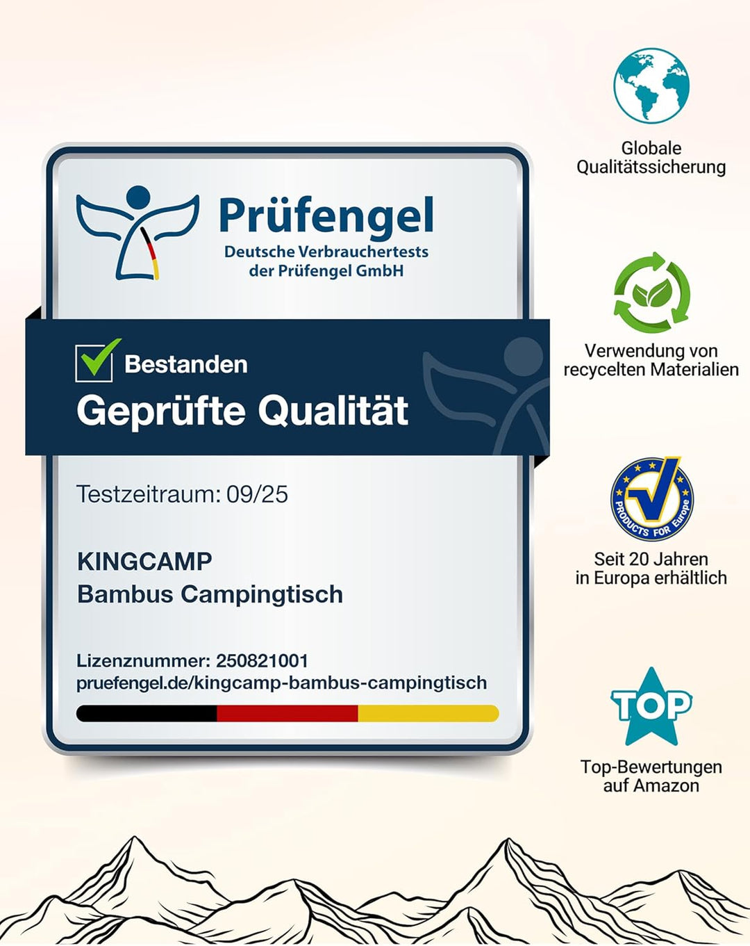 KingCamp Falten Bambus Campingtisch Klapptisch Verstellbare Höhe Aluminiumrahmen für Outdoor Camping