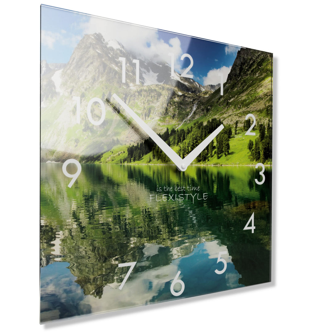 FLEXISTYLE Wanduhr küche Wohnzimmer 30 x 30 cm, aus Glas, mit Direktdruck eckig modern (Berge), BERG