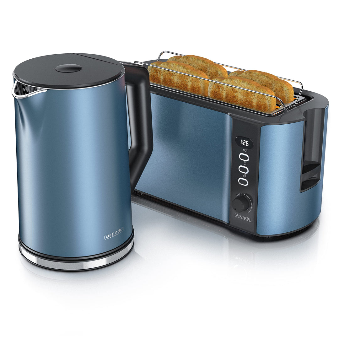 Arendo - Wasserkocher und Toaster SET Edelstahl Blau, Wasserkocher 1,5L, 40° - 100°C Warmhaltefunkti