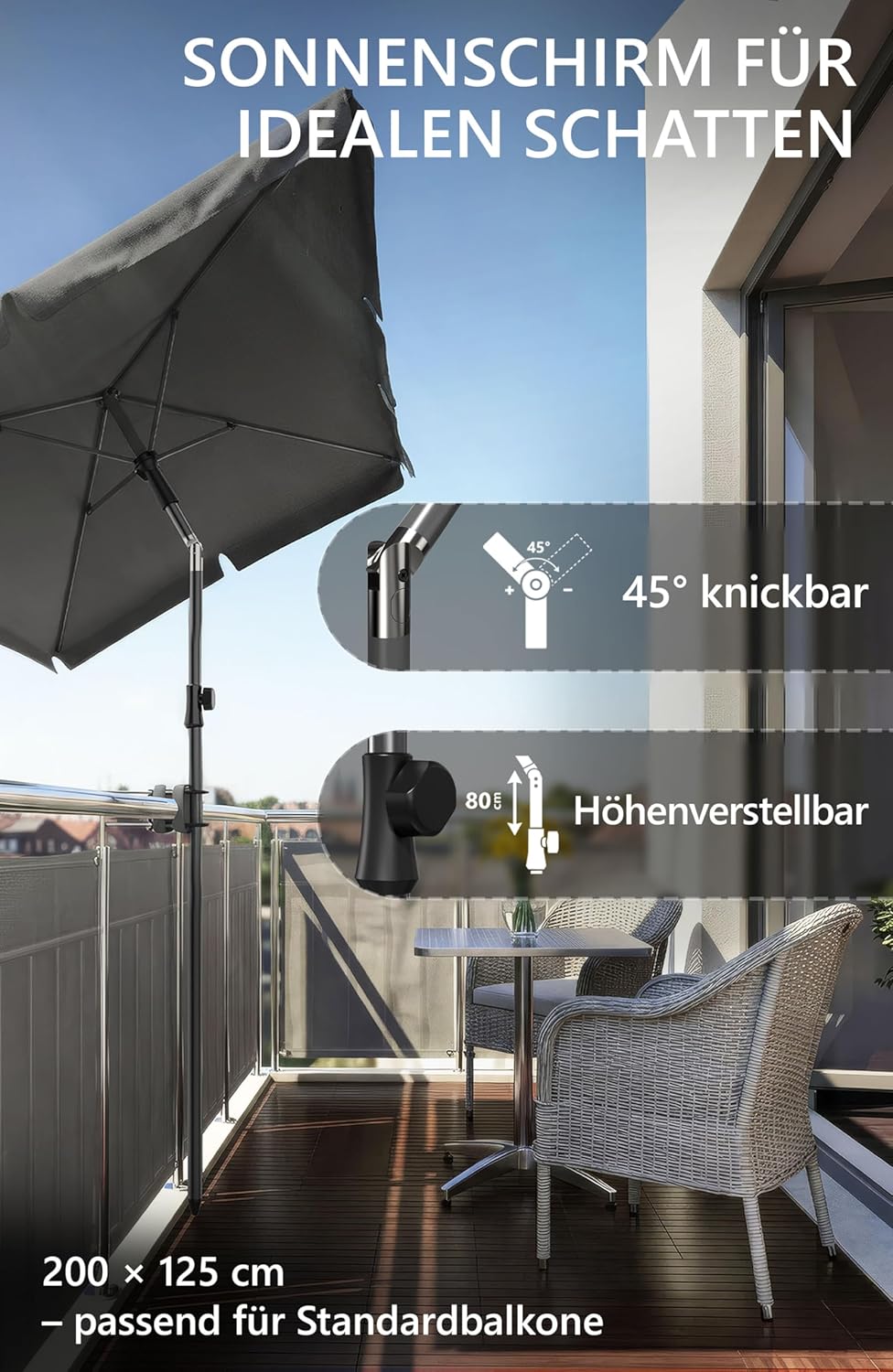 4smile Sonnenschirm Balkon in Anthrazit - Sonnenschirm rechteckig 200x125cm mit UV50+ Sonnenschutz |