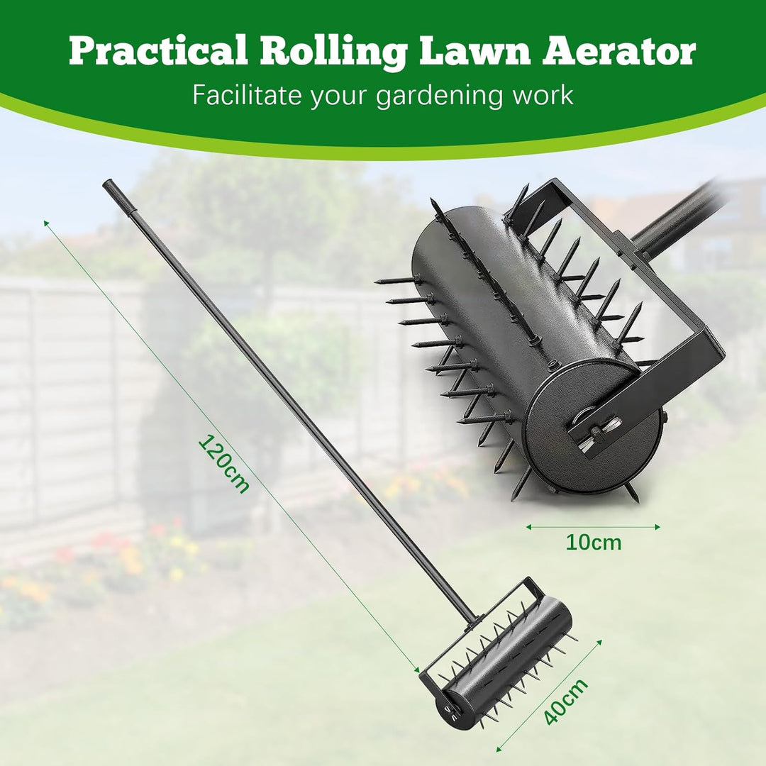 Aerifizierer für Rasen, Walzentyp Rasenbelüfter, Hand Rasenlüfter mit Stiel & 5cm Nägeln & Spritzsch
