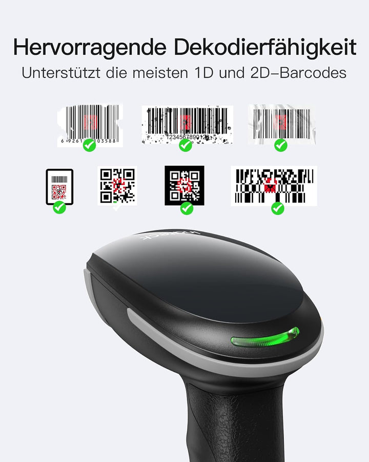 Inateck Barcode Scanner Kabellos, 1D 2D QR Code Scanner, BCST-23 Grau | 3-in-1 mit Bluetooth, 2,4 GH