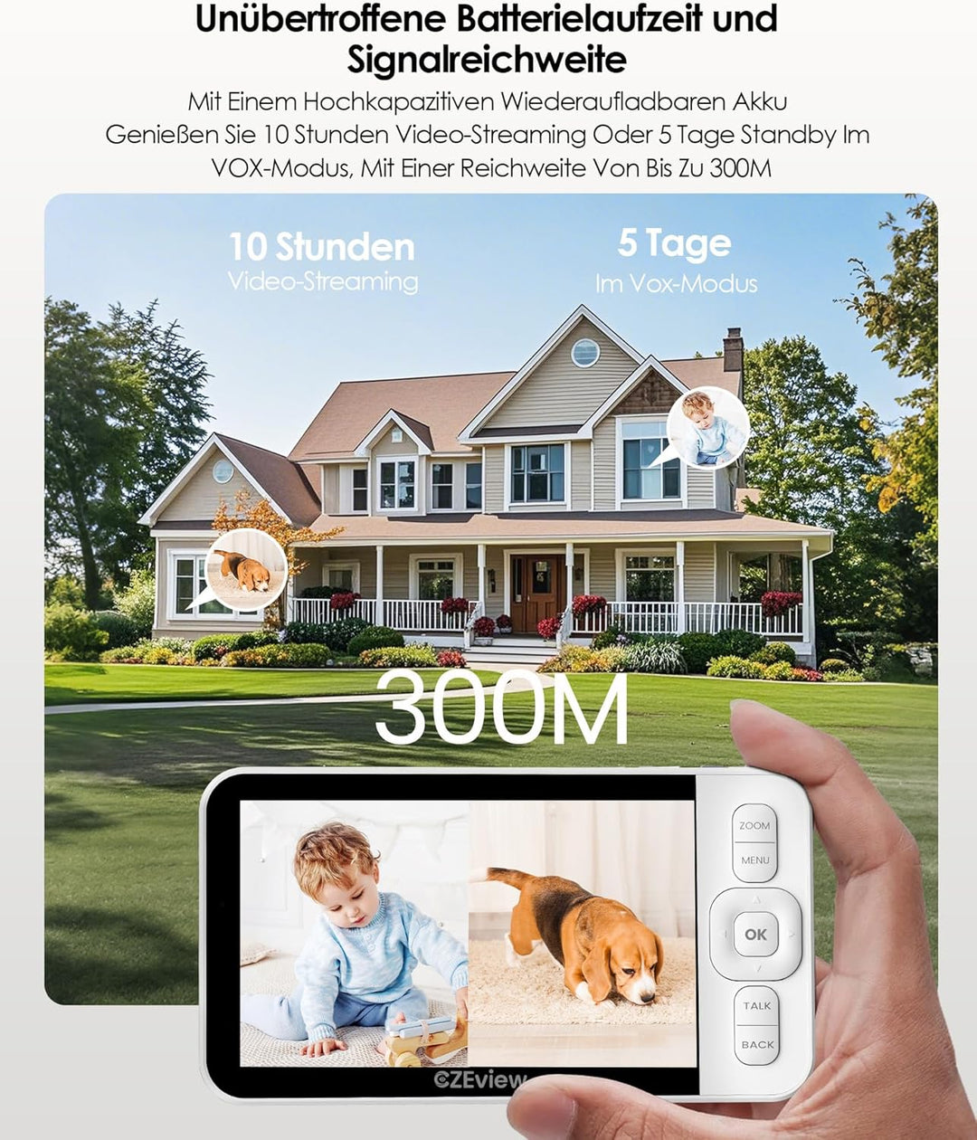 CZEview Babyphone mit 2 Kameras und APP, 2K/5,0 Zoll WLAN Babyfon mit Split-Screen, PTZ 360°, 4× Zoo