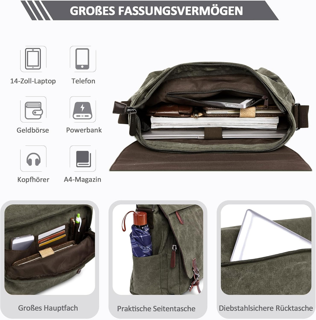 DORRISO Herren Umhängetasche Mode Schultertasche Leinwand Schultertaschen für 13.3 Zoll Laptop Kurie