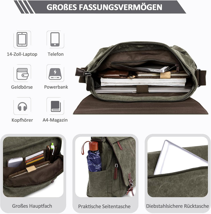 DORRISO Herren Umhängetasche Mode Schultertasche Leinwand Schultertaschen für 13.3 Zoll Laptop Kurie
