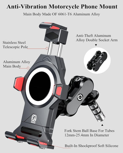 BRCOVAN Aluminiumlegierung Motorrad Gabelschaft Handyhalterung mit Vibrationsdämpfer und Sicherheits