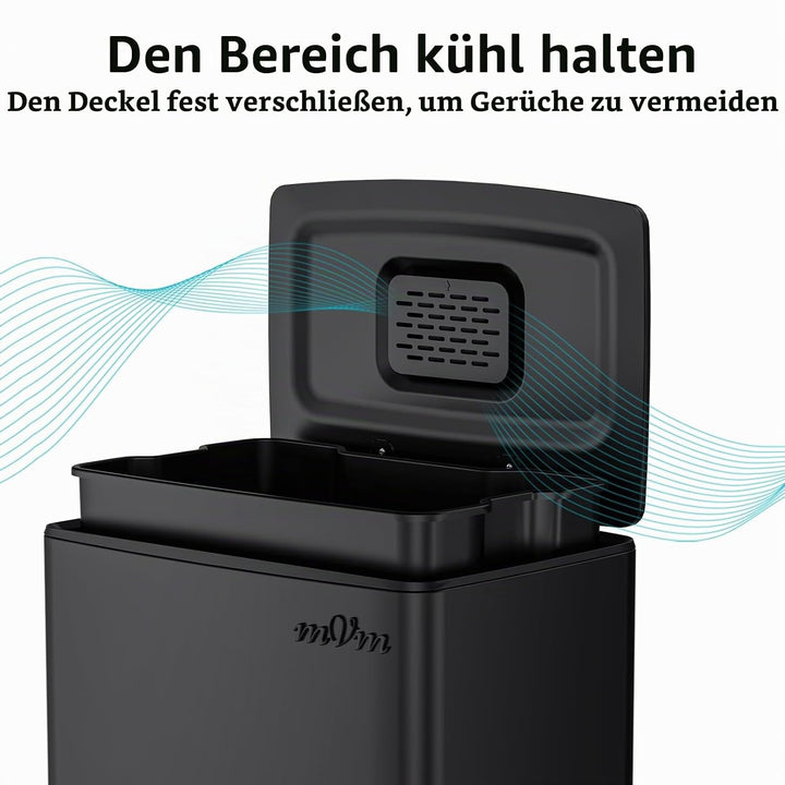 mVm Mülleimer Küche 40L, Mülleimer mit Deckel, Abfalleimer Küche, Schwarz | Edelstahl Treteimer mit