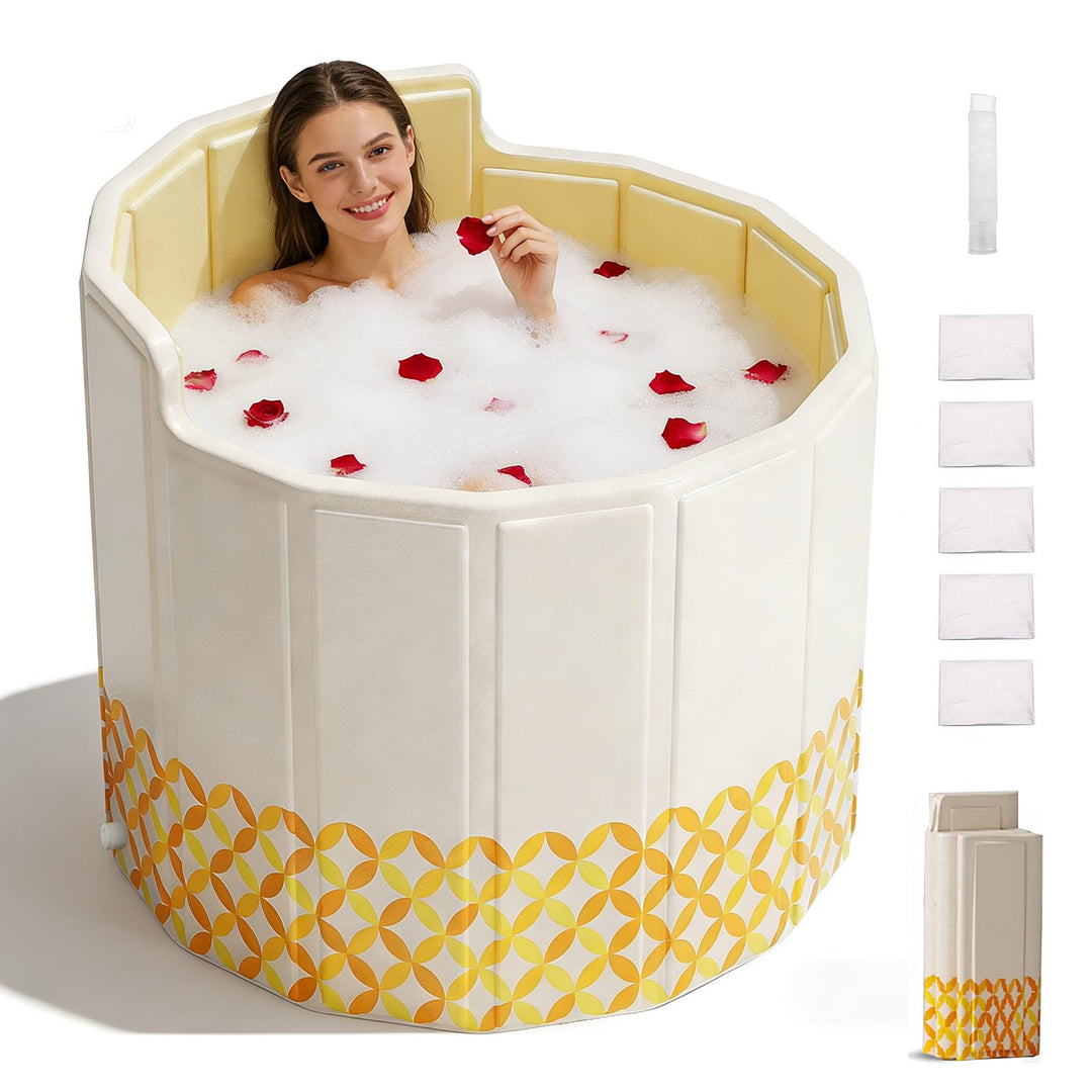 Faltbare Mobile Badewanne 80cm,Gelb,mit Abflussrohr,5*Badematte | Eisbad & Warmwasser,5-Lagige Isoli