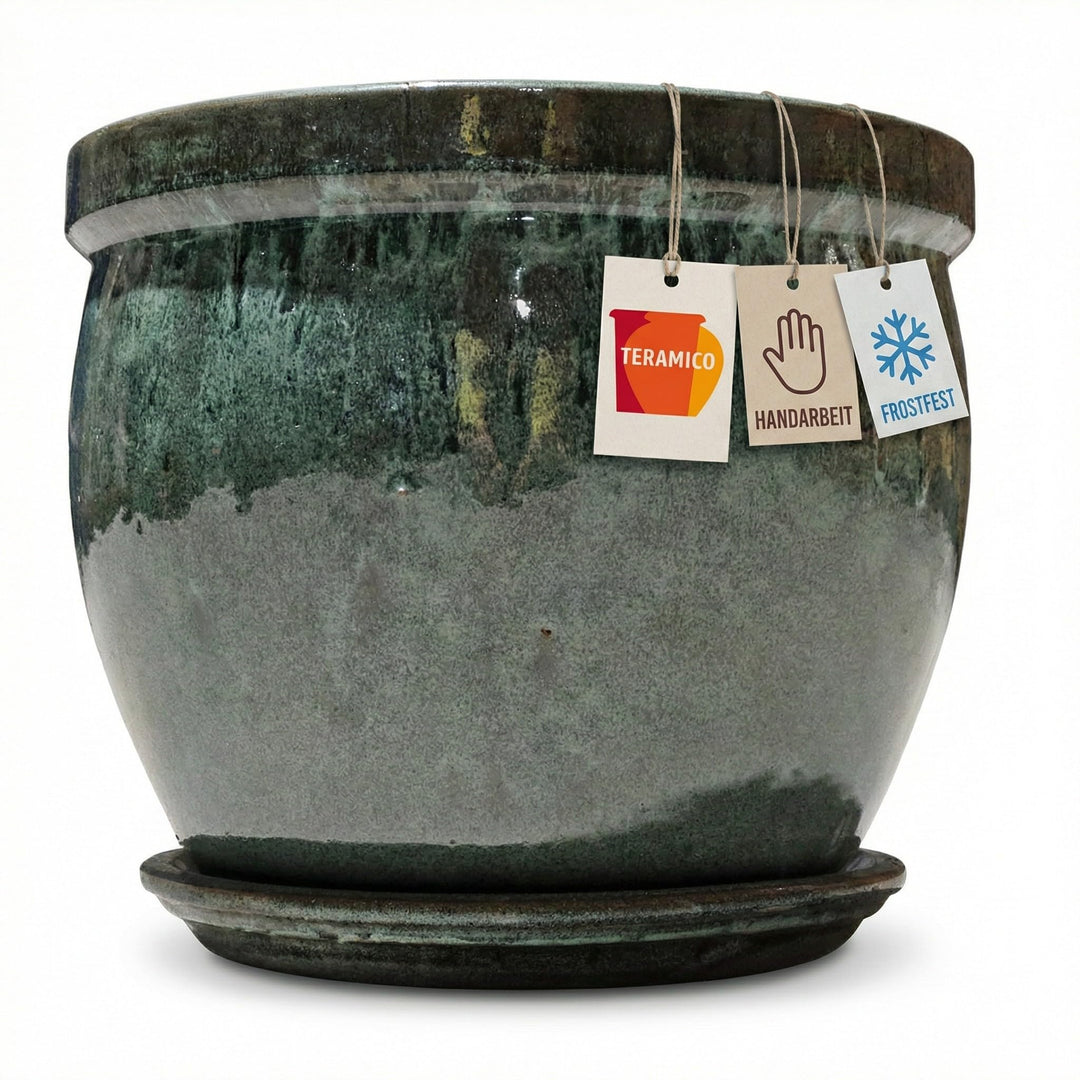 Teramico Blumenkübel Keramik mit Teller Ø 21cm – Handarbeit aus Steinzeug – Frostfester Pflanztopf g