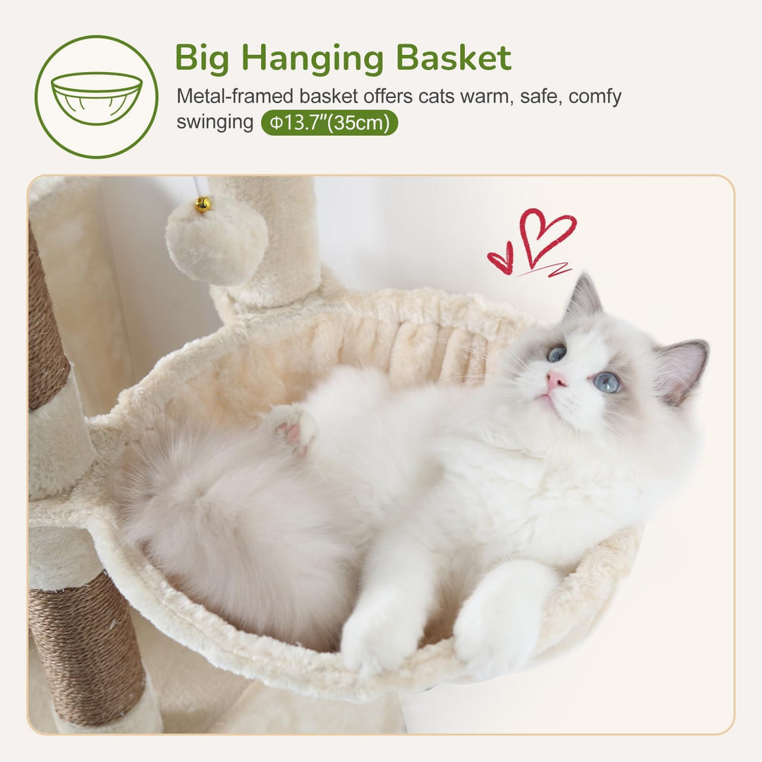 Globlazer Kratzbaum Beige mit 2 Katzenhaus, Grosse Gepolsterte Plattform, Sitzstangen, Katzenkorb, S
