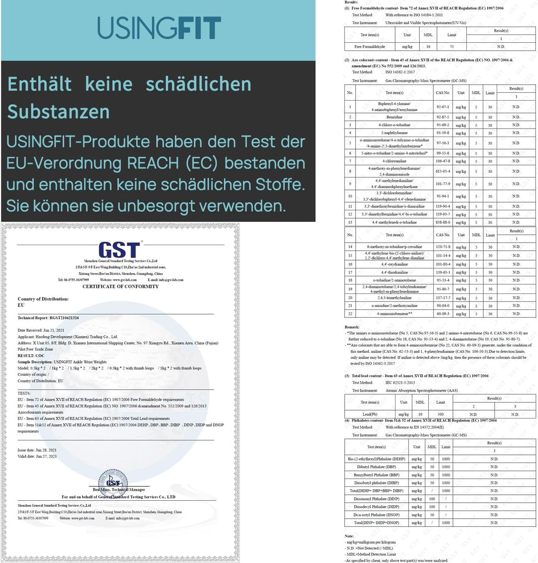 USINGFIT gewichtsmanschetten fuss gewichte für beine und arme 2 * 0,5Kg / 2 * 1Kg / 2 * 1,5Kg / 2 *