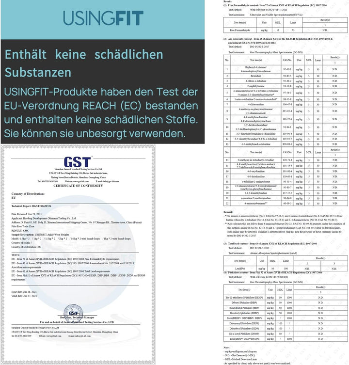 USINGFIT gewichtsmanschetten fuss gewichte für beine und arme 2 * 0,5Kg / 2 * 1Kg / 2 * 1,5Kg / 2 *