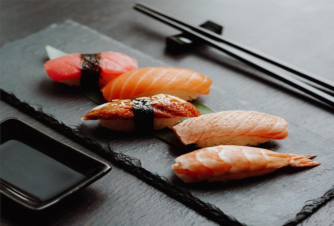 eGenuss 6er-Set Schieferplatten Dessertteller Sushi Geschirr schwarz Teller Schiefer Serviertablett