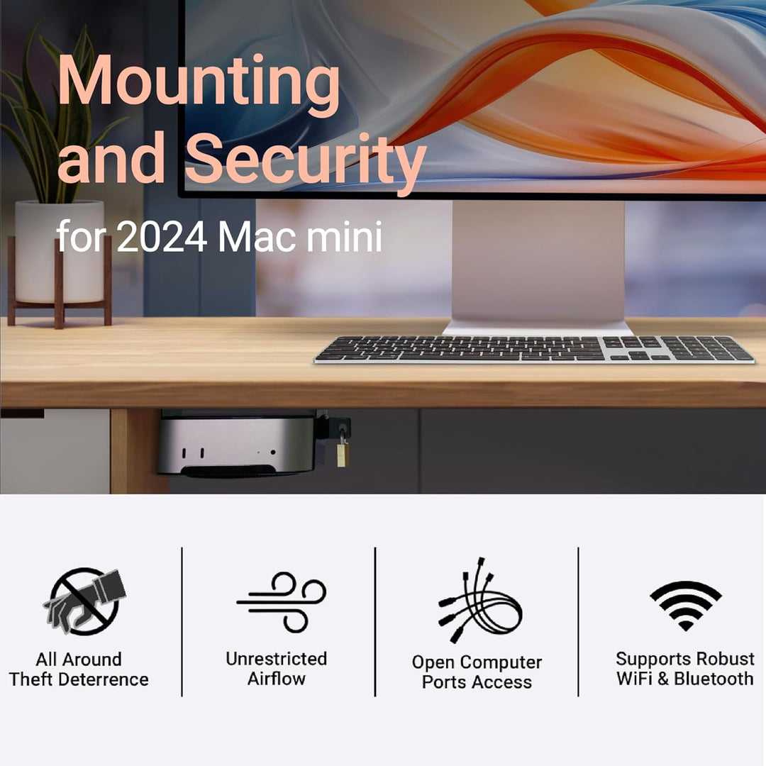 SoNNeT MacCuff mini (2024+): Stahlhalterung zur Montage eines Mac mini (2024) unter einem Tisch, an