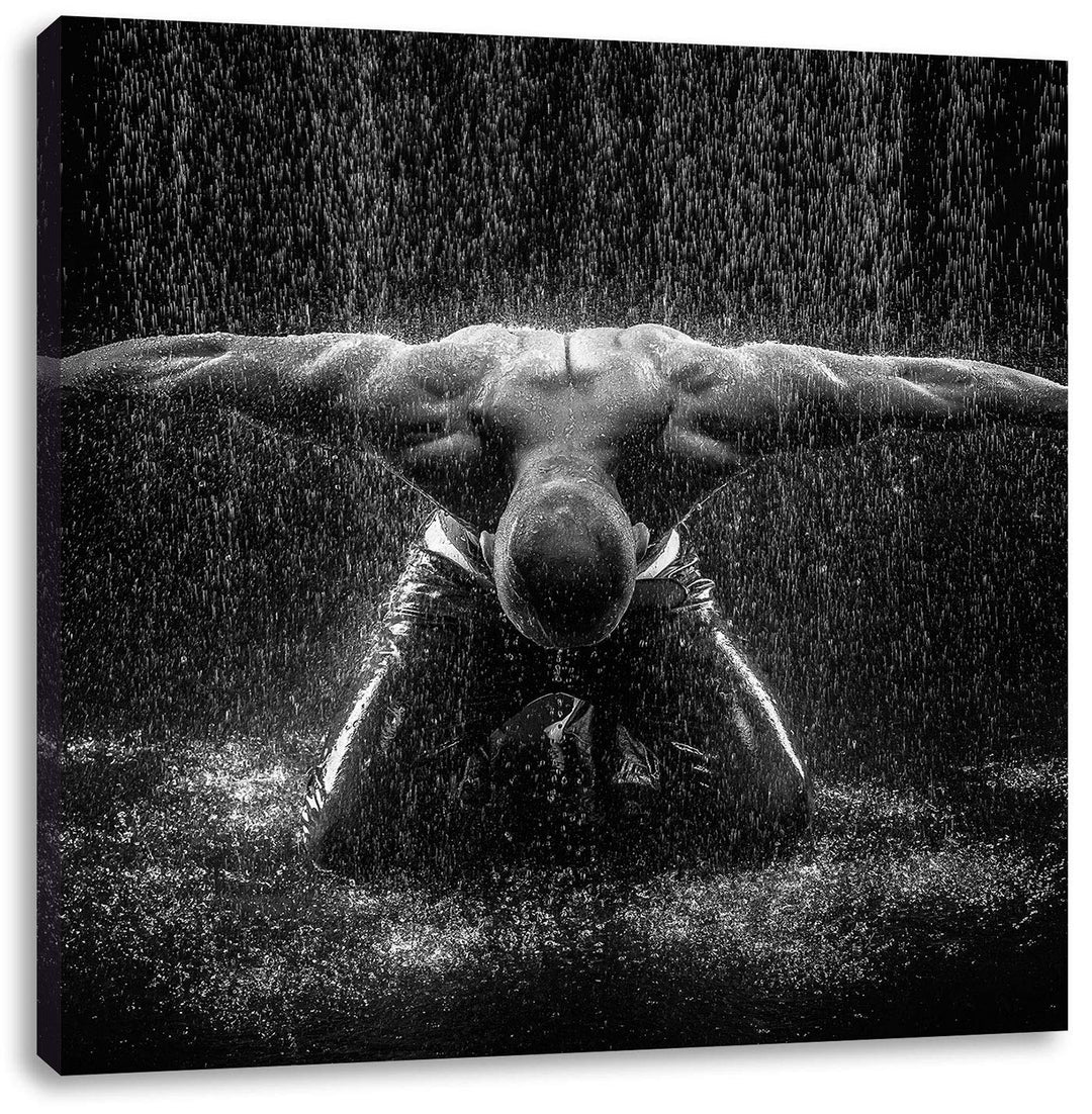 Bodybuilder im Regen, Format: 70x70 auf Leinwand, XXL riesige Bilder fertig gerahmt mit Keilrahmen,