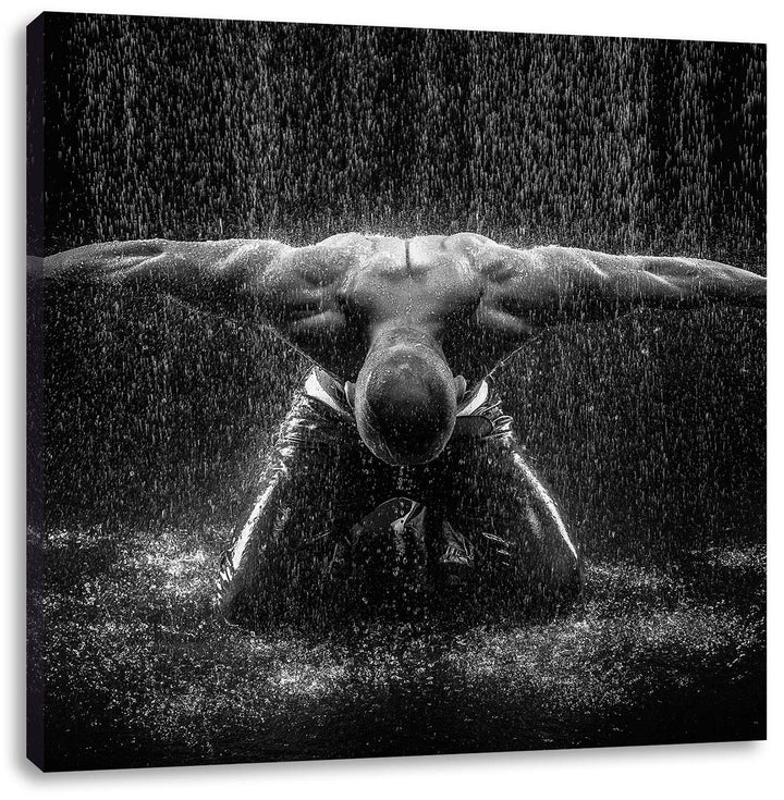 Bodybuilder im Regen, Format: 70x70 auf Leinwand, XXL riesige Bilder fertig gerahmt mit Keilrahmen,