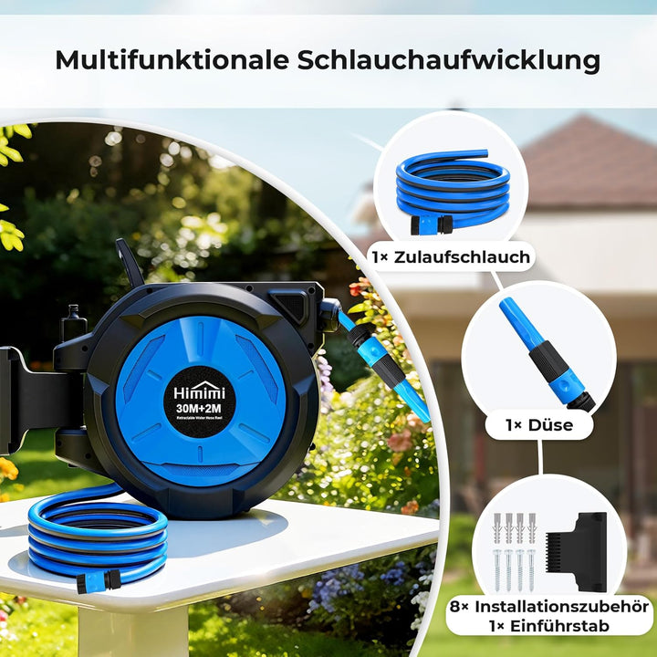 Himimi Schlauchtrommel 30m Wandmontage, Automatische Wandschlauchbox mit 180° Schwenk & stufenloser
