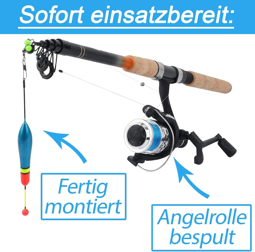 Angelset Forelle/Barsch mit Kescher [Angelfertig montiert &amp; Angelrolle bespult] Angelset komplett fü
