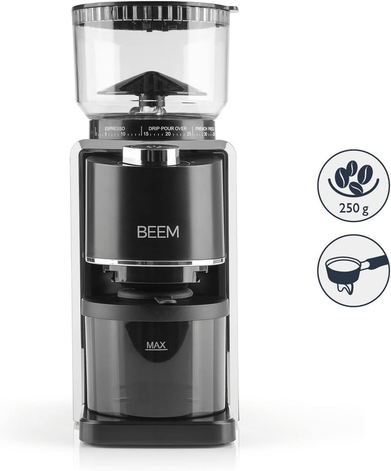 BEEM GRIND-PERFECT Elektrische Kaffeemühle - 250 g | 35-stufige Mahlgradeinstellung, Kegelmahlwerk,