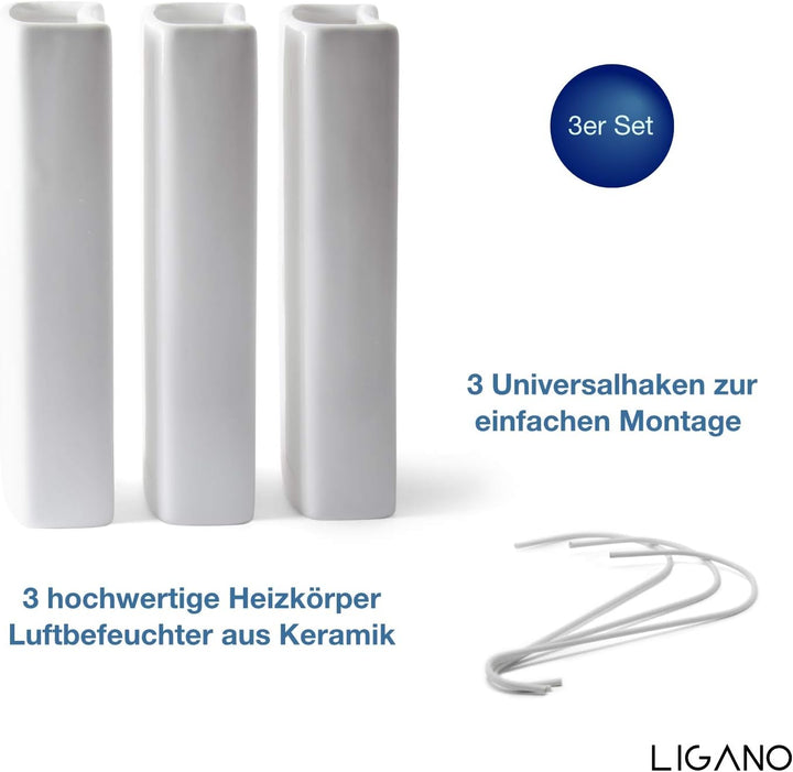 Ligano® Heizkörper Luftbefeuchter weiss – Keramik Wasserverdunster für die Heizung – 3 Stück