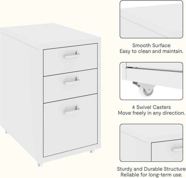 FLEXISPOT Rollcontainer Büroschrank mit 3 Schubladen, Aktenschrank Metallschrank Kommode mit Rädern,