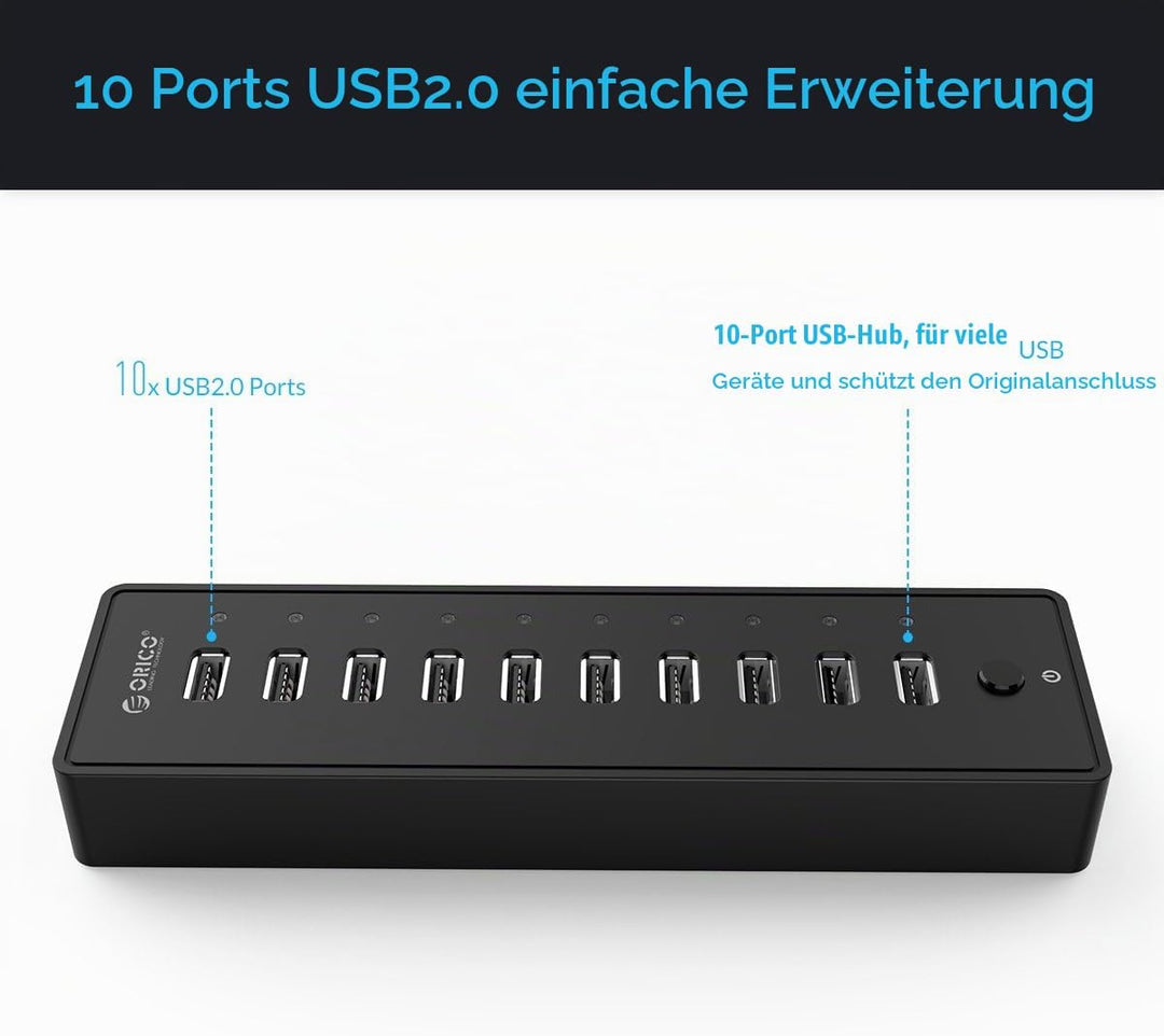 ORICO USB 2.0 Hub 10 Ports mit Netzschaltern und Netzteil 30W (12V2.5A), 480 Mbps Speed Datenhub für