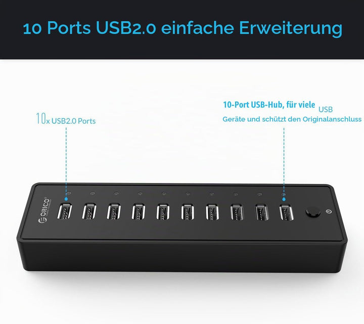 ORICO USB 2.0 Hub 10 Ports mit Netzschaltern und Netzteil 30W (12V2.5A), 480 Mbps Speed Datenhub für