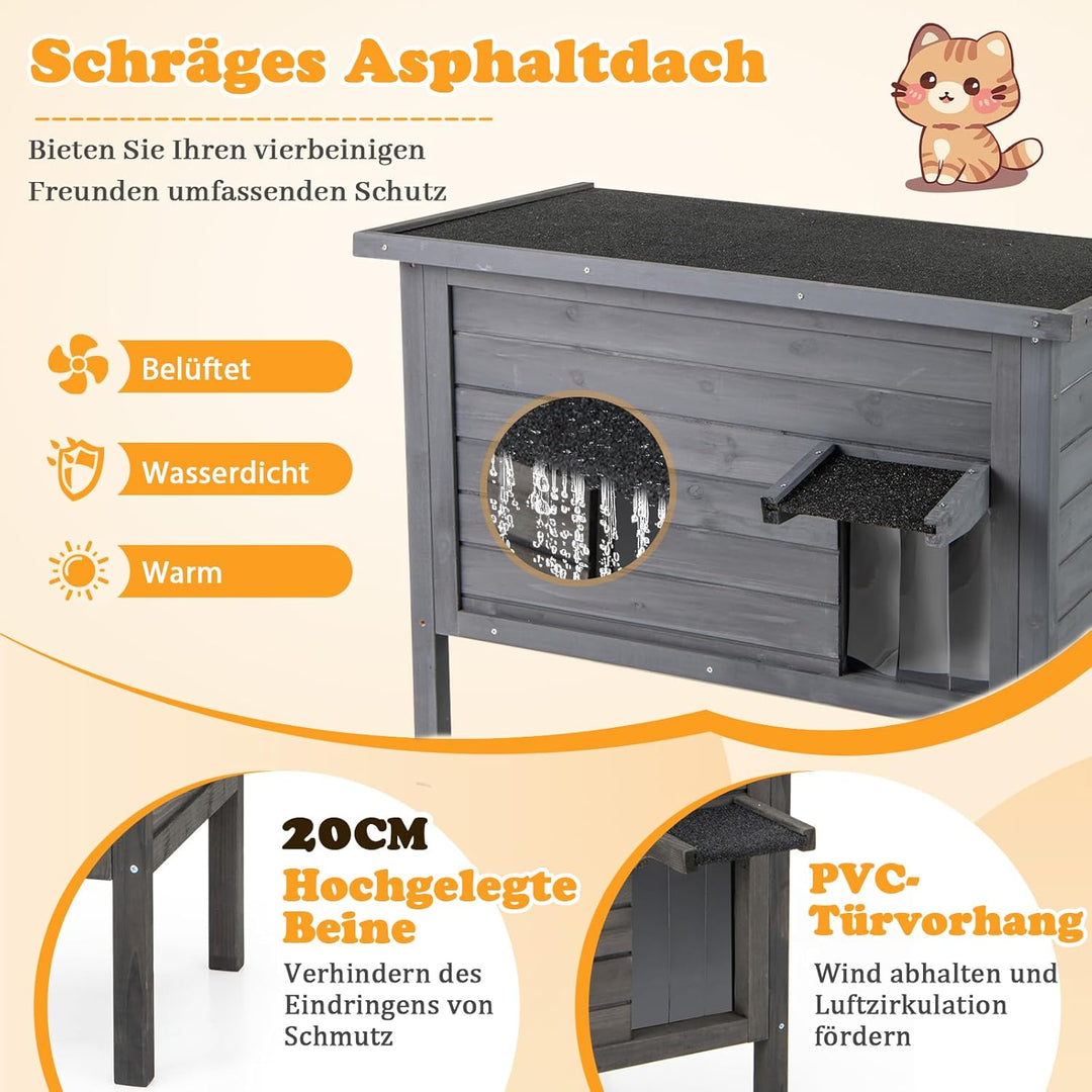 GYMAX Katzenhaus Outdoor Winterfest, Katzenhütte für Draussen aus Tannenholz mit geneigtem Asphaltda